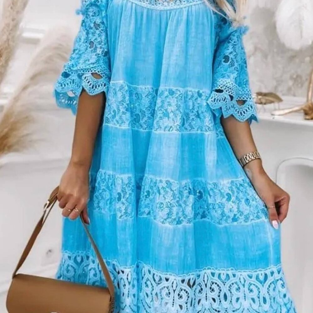 Made in Italy, Loowie, Blue Lace Open Shoulder Cotton Blend dress